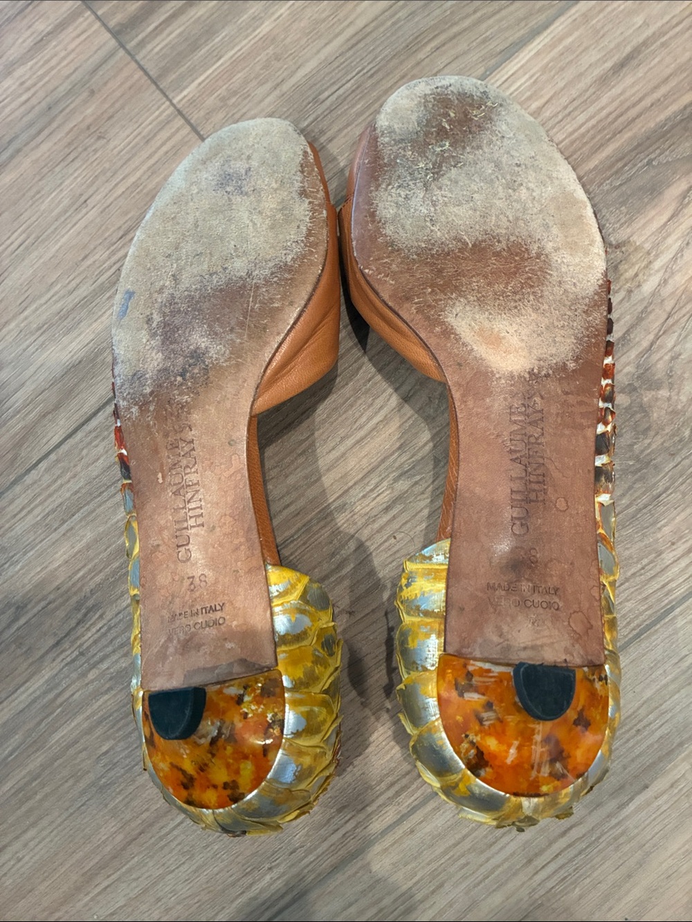 GUILLAUME HINFRAY brown Leather Flats with Multicolor Snakeskin Trim SIZE 8 - Picture 2 of 5